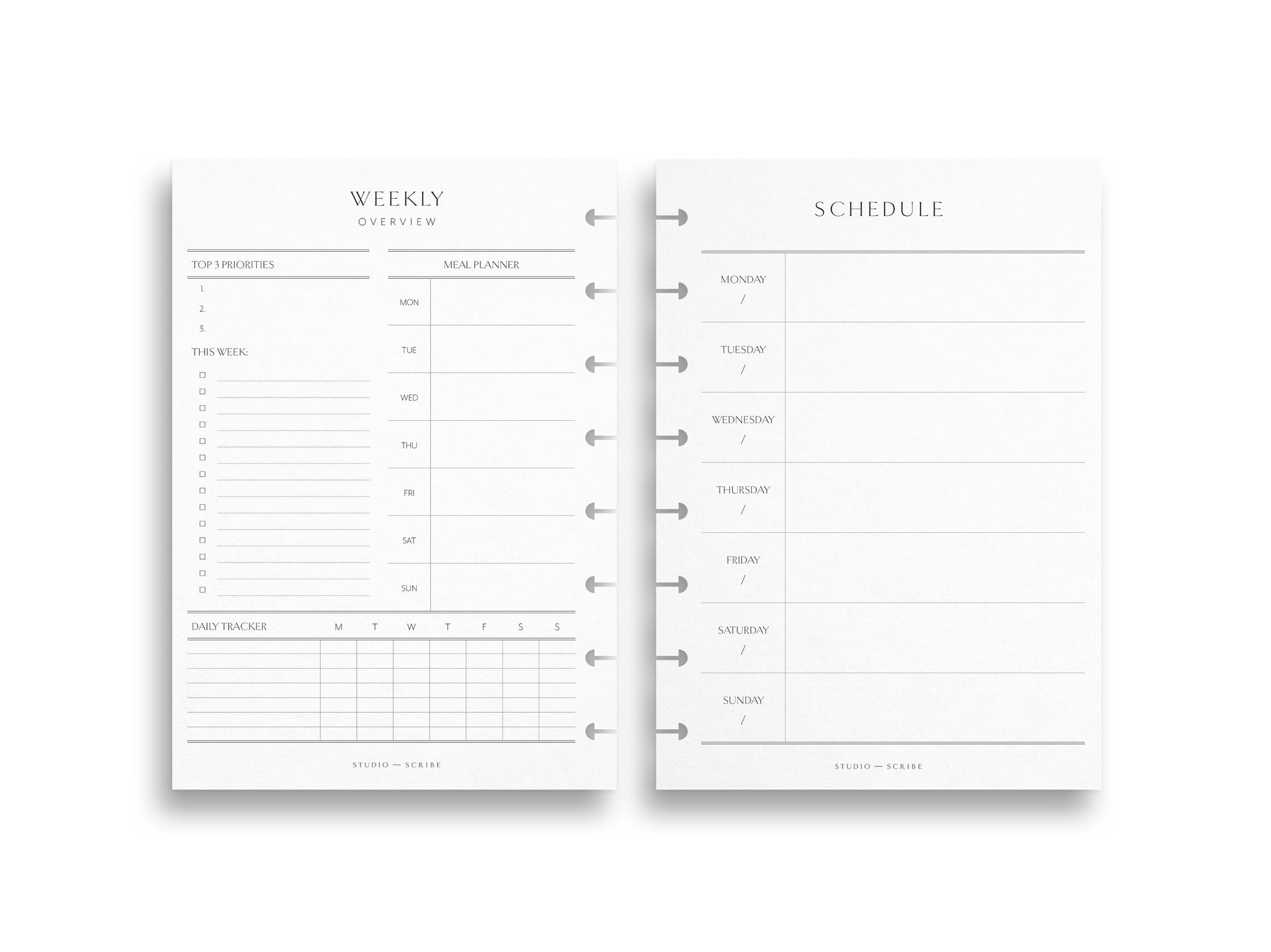 Two planner insert pages laid out, one titled 'Weekly Overview' with sections for meal planning, daily tasks and priorities, and another titled 'Schedule' with a block calendar format.