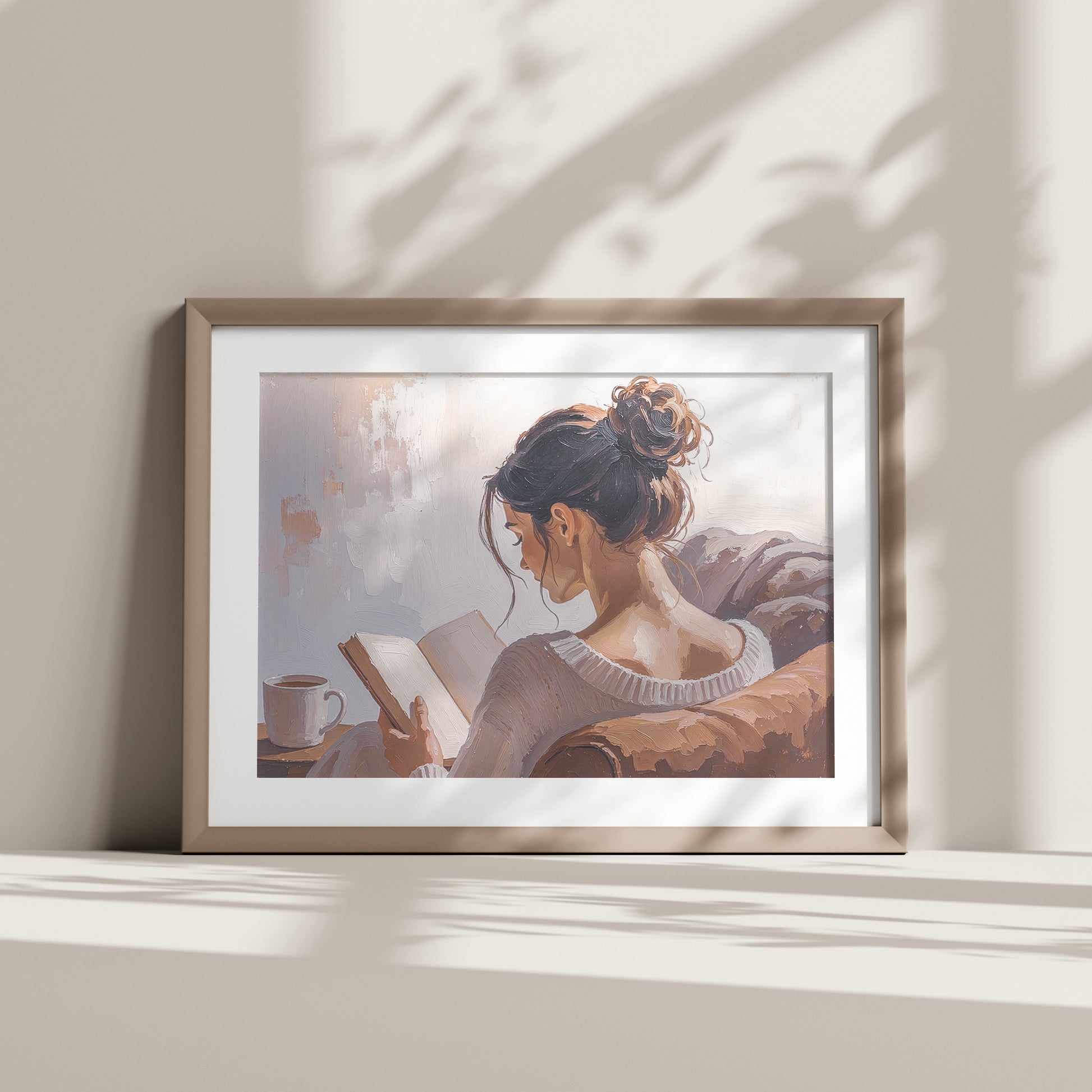 Artwork of a woman reading a book on a couch with a cup beside her, on a light-colored wall.