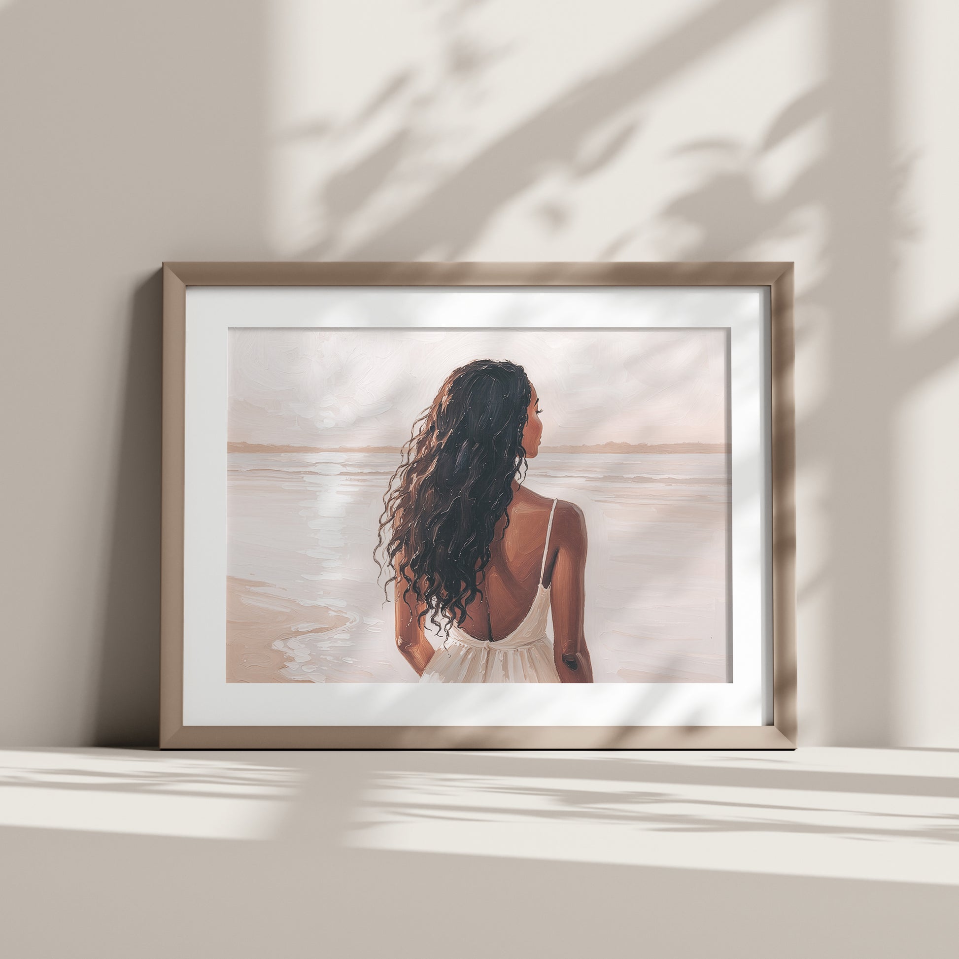 Artwork of a woman with long hair standing on a beach looking out over the water