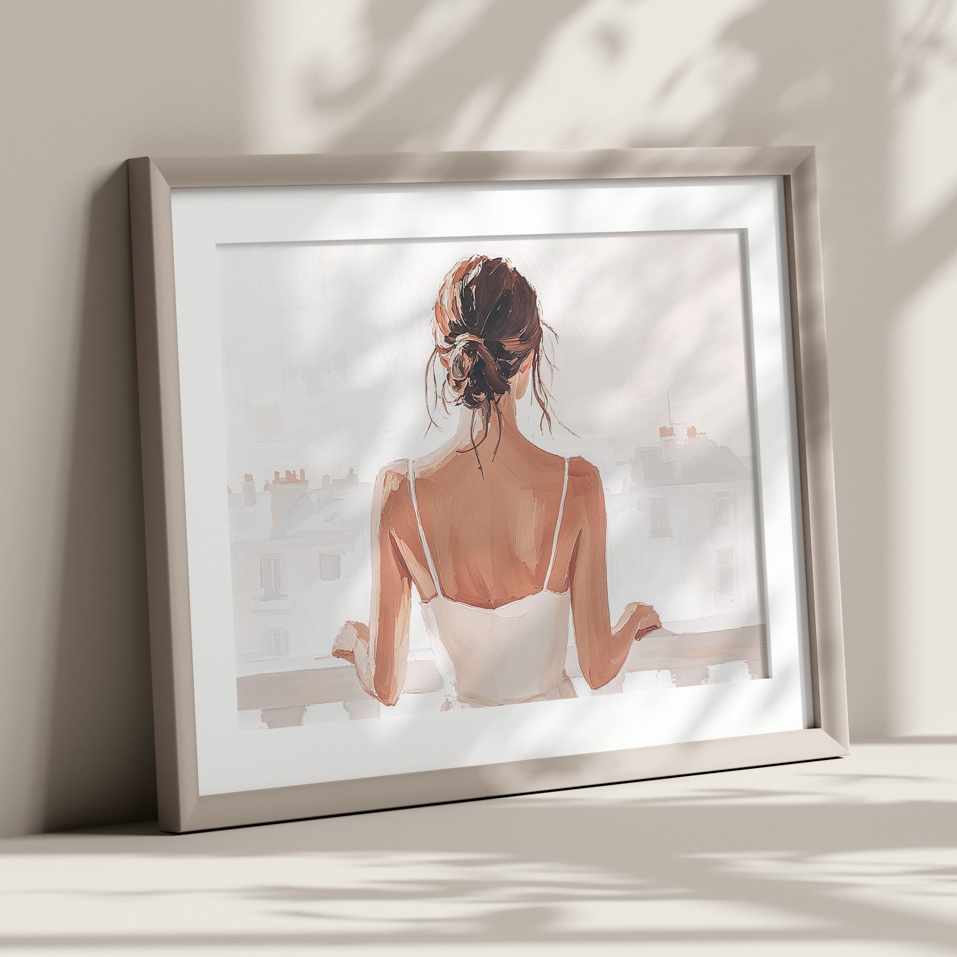 Artwork of a woman in a white dress on a balcony overlooking a city skyline