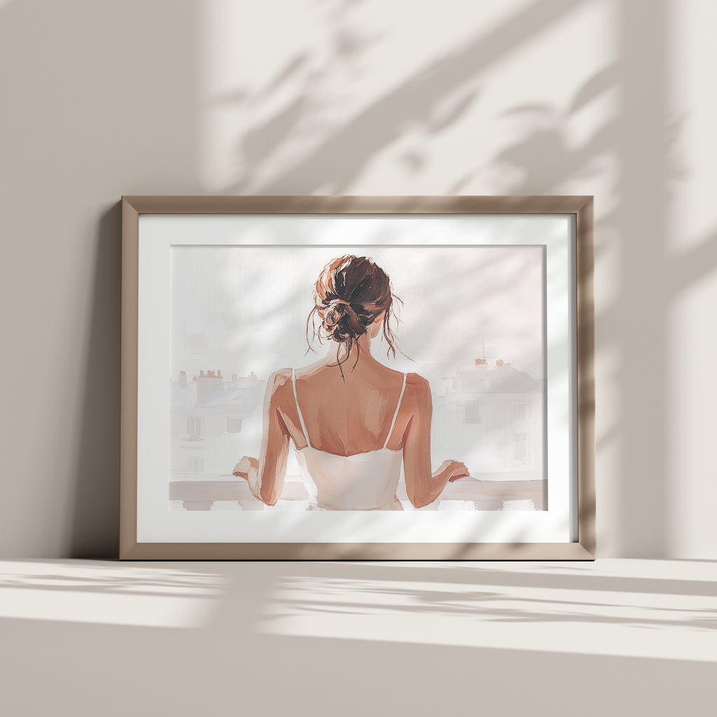 Artwork of a woman in a white dress on a balcony overlooking a city skyline
