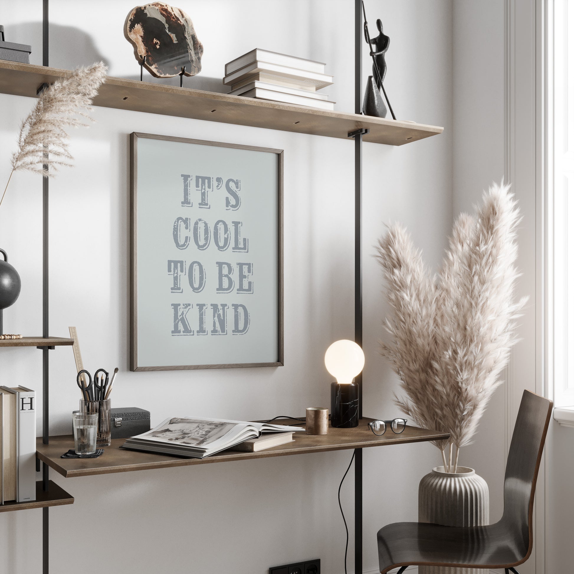 Modern home office with a desk, shelves, wall print and decorative items.