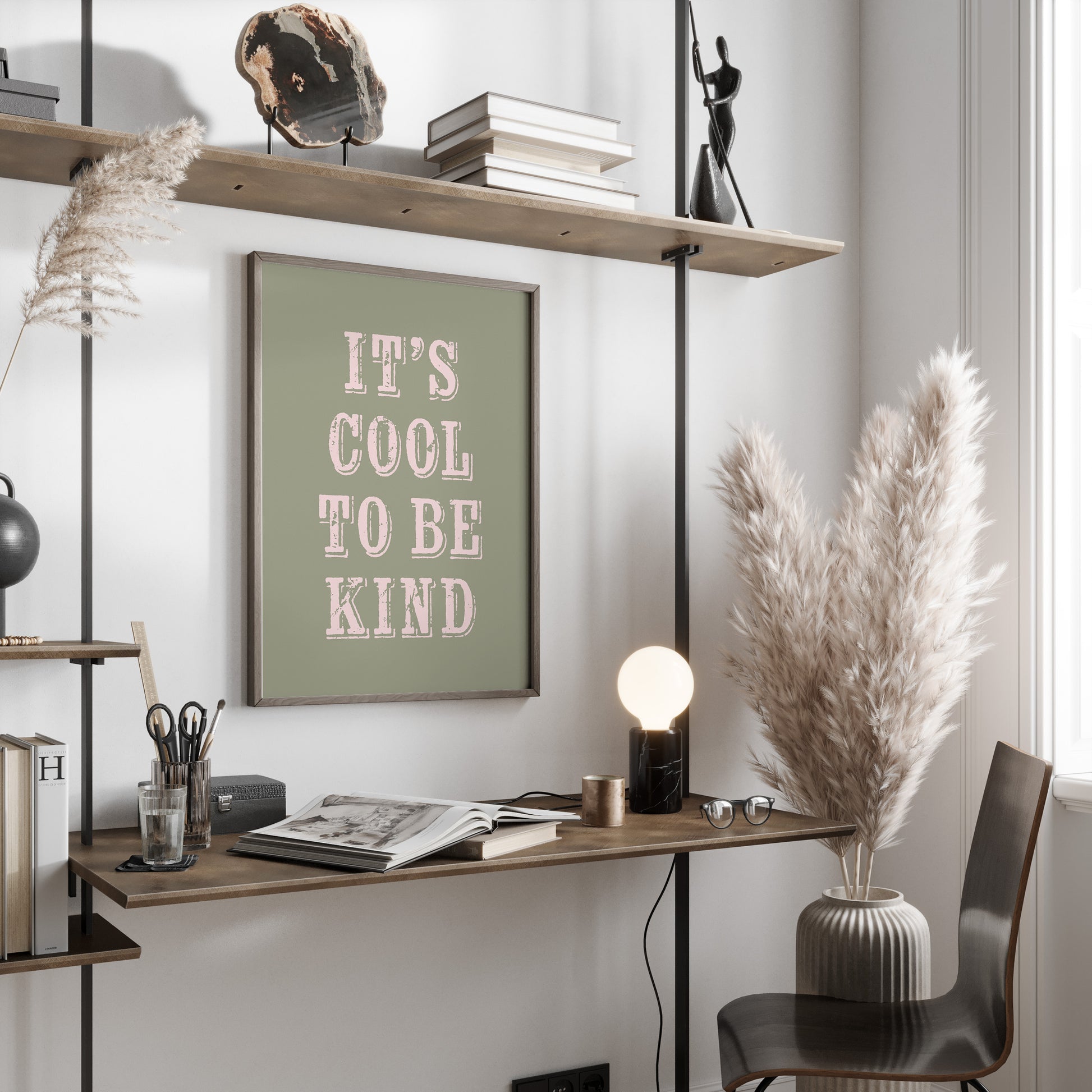 Modern office space with a desk, chair, and motivational poster on a wall.