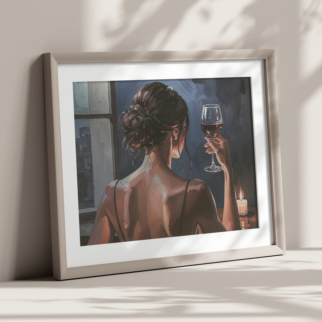 Artwork of a woman holding a glass of wine on a neutral background