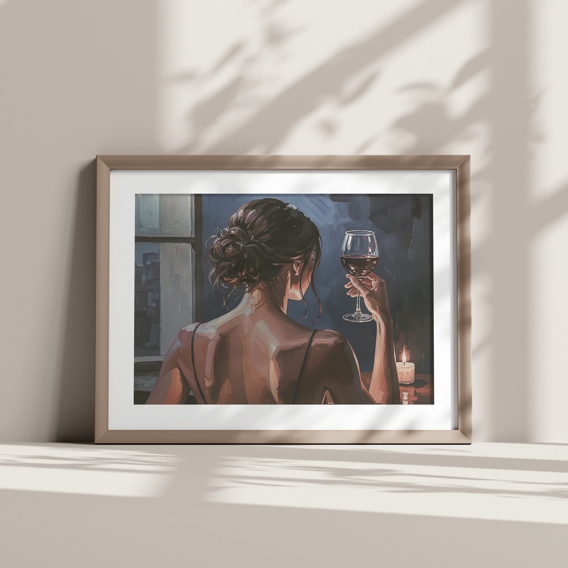 Artwork of a woman holding a glass of wine on a wall.