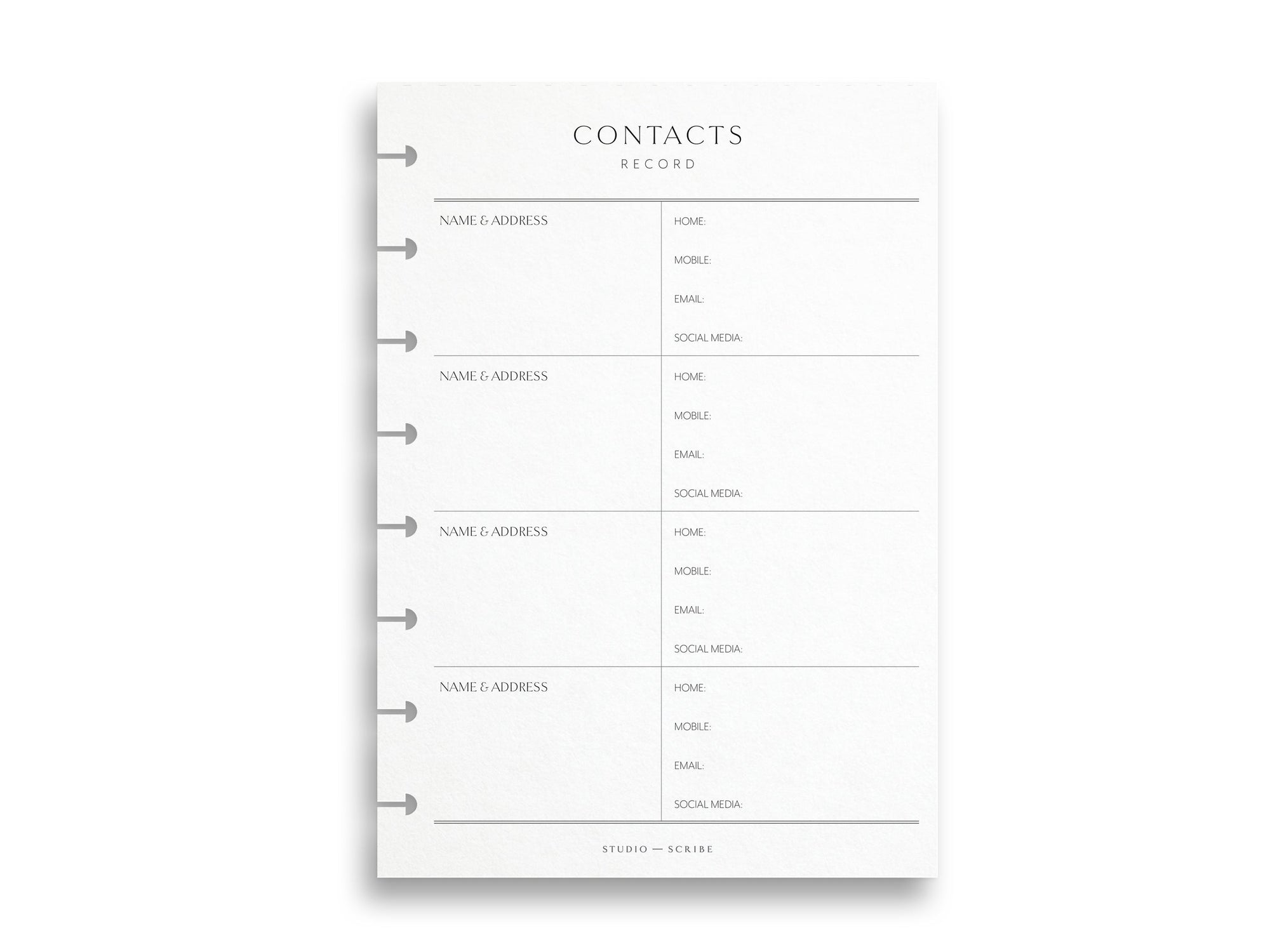Printed Contacts Pages | Planner Pages | A5