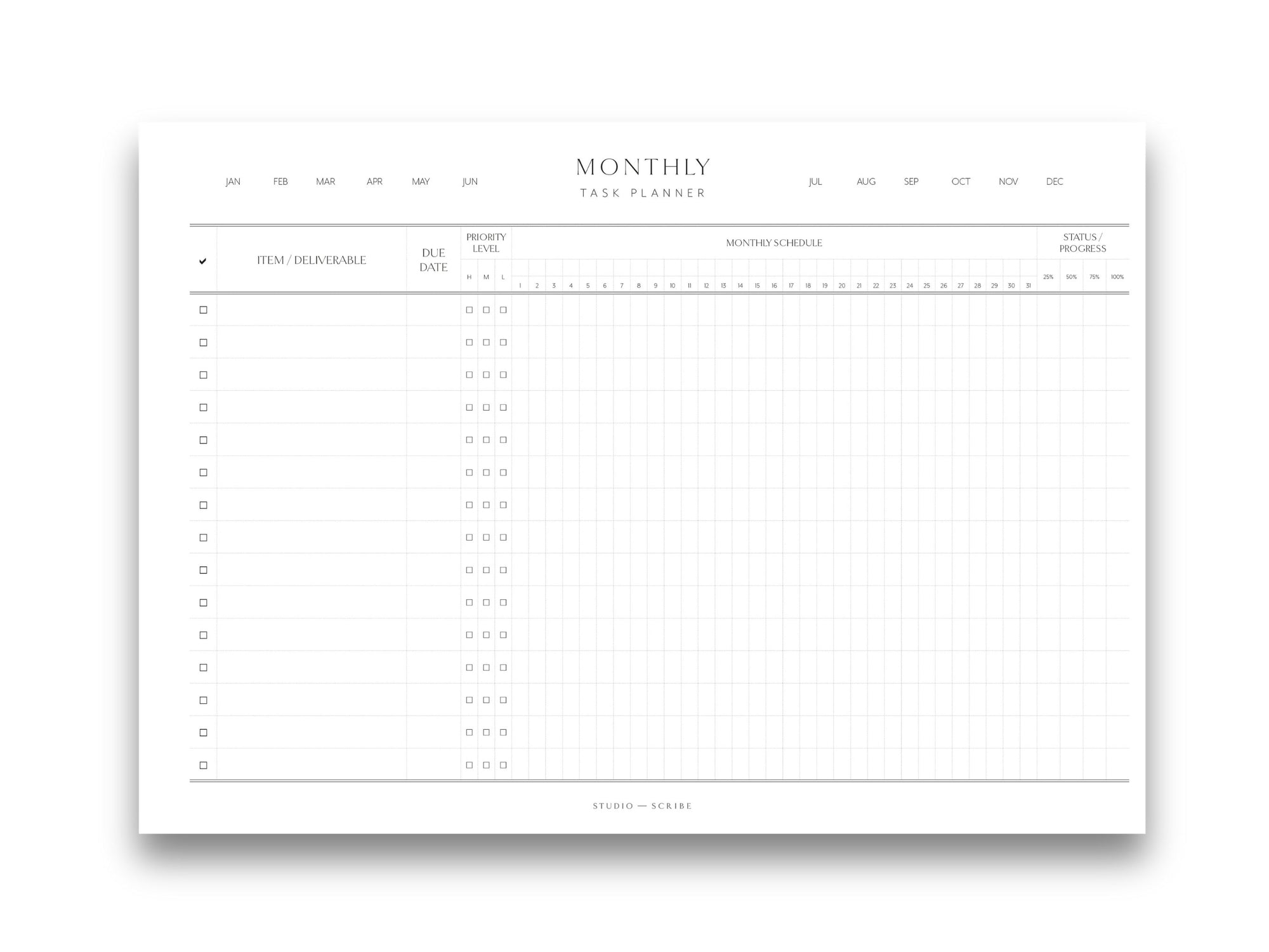 Printed Monthly Task Planner Pages | Landscape Planner Pages | A4