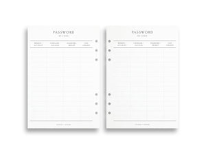 Printed Password Record Pages | Planner Pages | A5