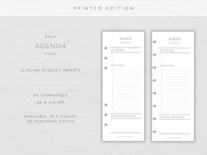 Printed Slimline Daily Agenda Overlay | Planner Pages | A5 Compatible