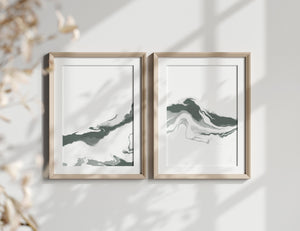 Set of 2 Green and White Contemporary Abstract Art Print | Unframed
