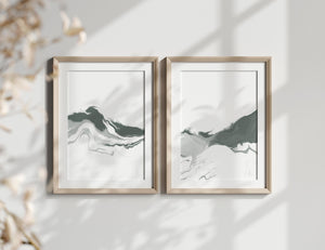 Set of 2 Green and White Contemporary Abstract Art Print | Unframed