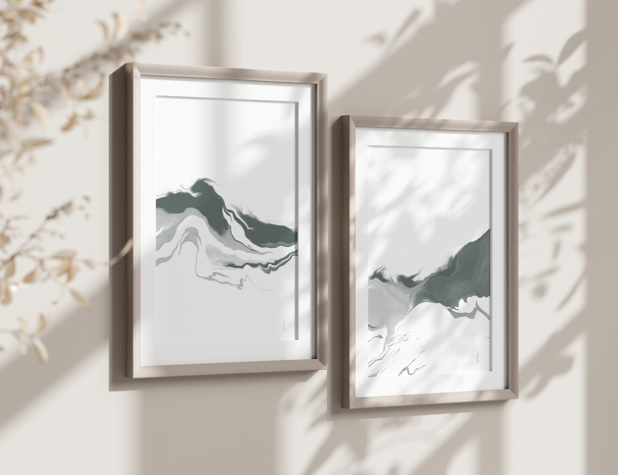 Set of 2 Green and White Contemporary Abstract Art Print | Unframed