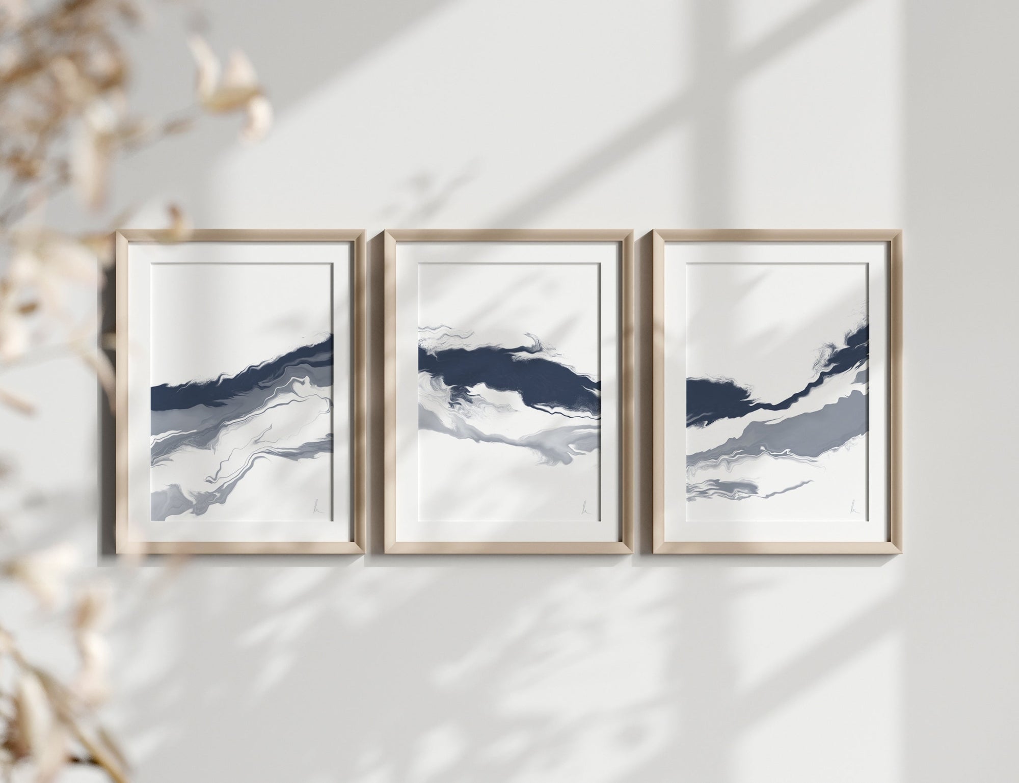 Set of 3 Blue and White Contemporary Abstract Art Print | Unframed