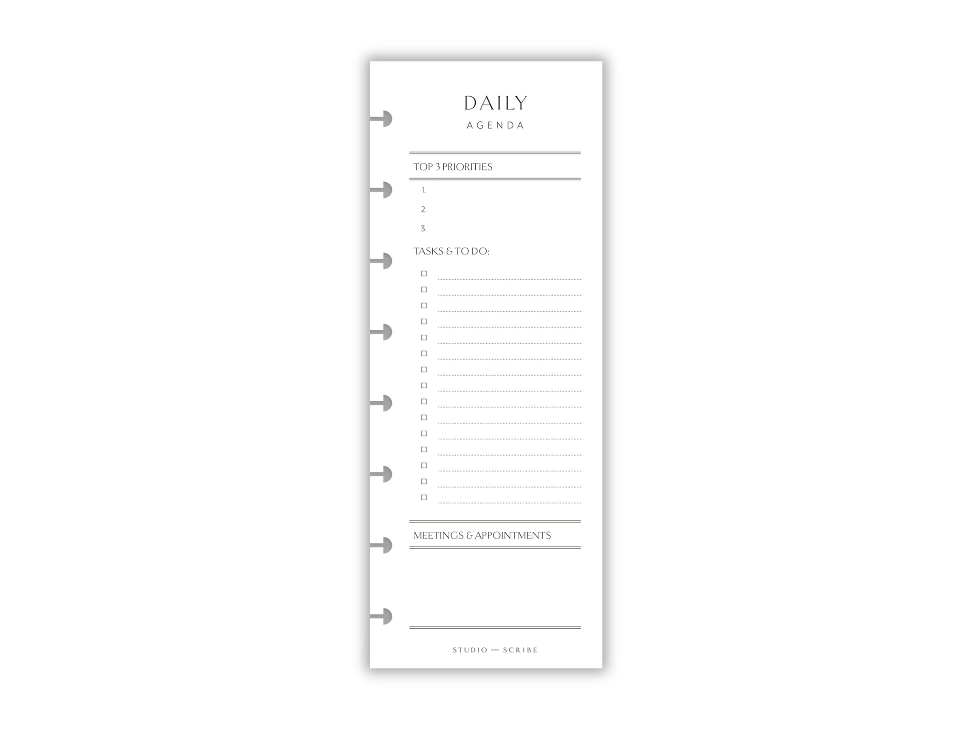 Cutout image of slimline daily agenda planner insert