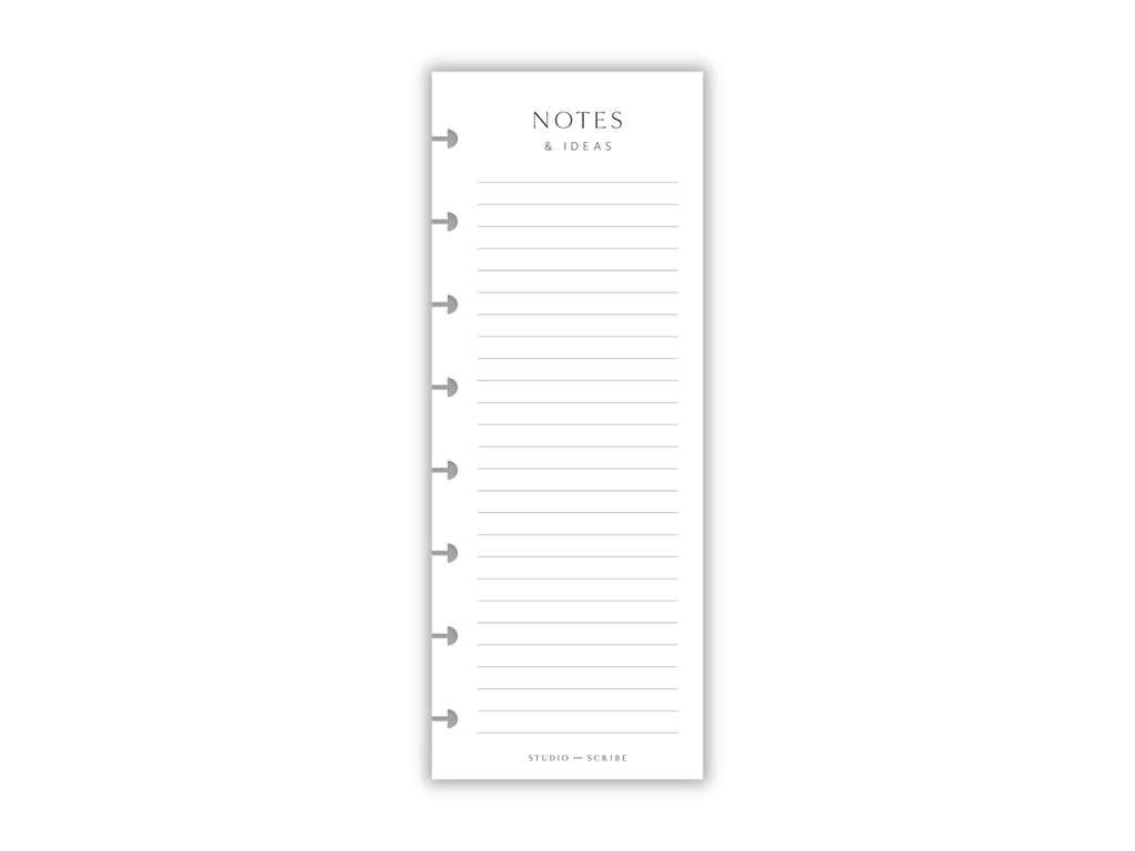 A single lined slimline planner page with the label 'Notes & Ideas' at the top, designed to be inserted into an A5 organizer.