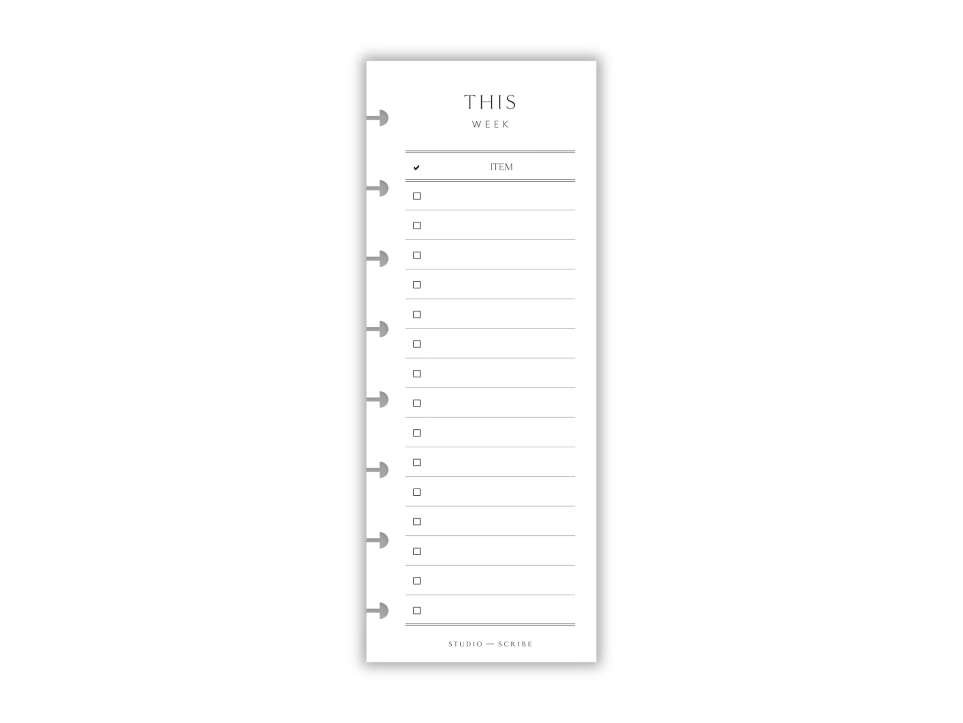 A printed slimline weekly overlay page with the title 'This Week' at the top, designed for use with a planner, displayed against a white background.