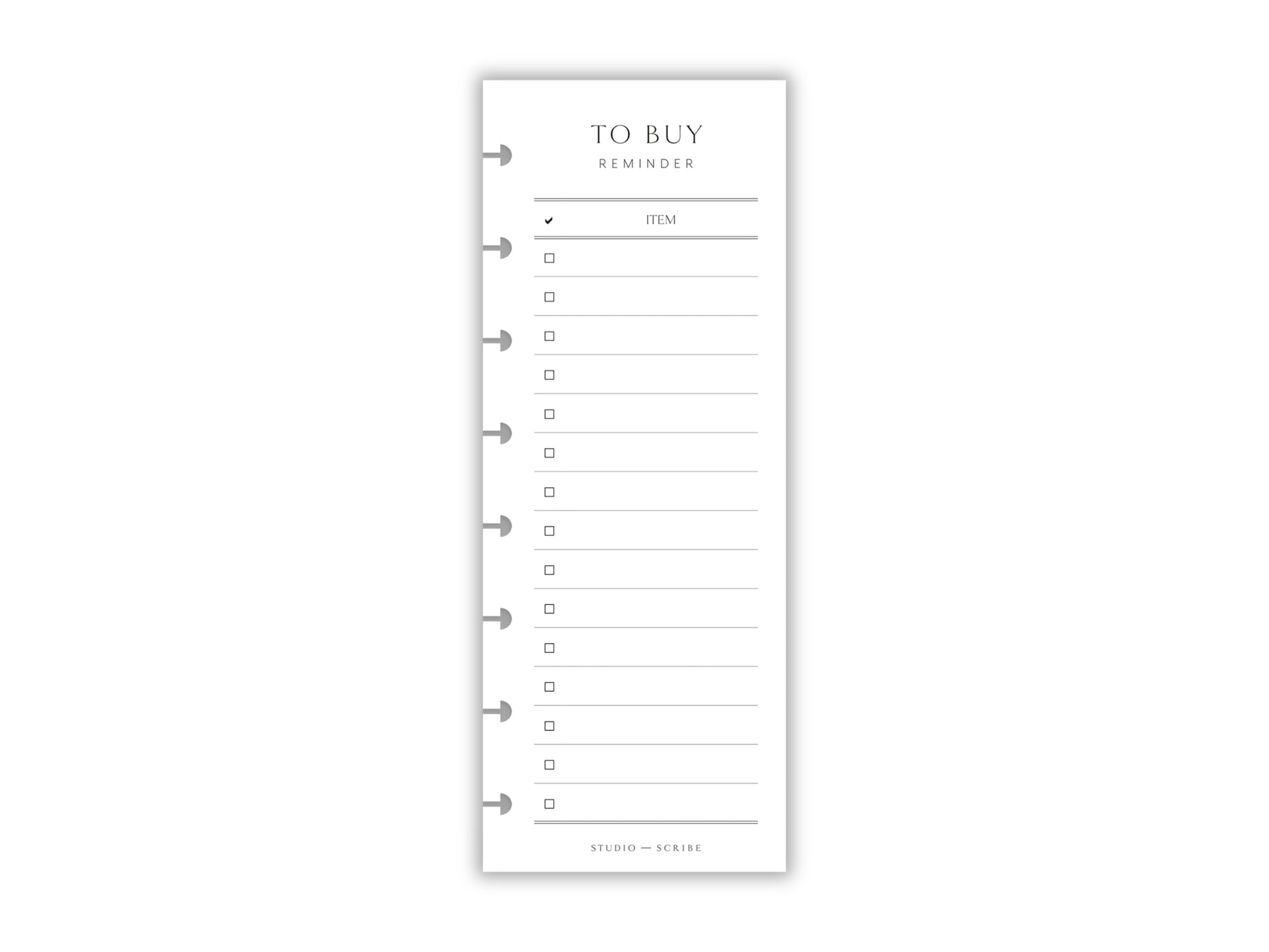 A printed slimline 'To Buy' overlay page designed for A5 planners, with a simple list format and a vertical orientation.