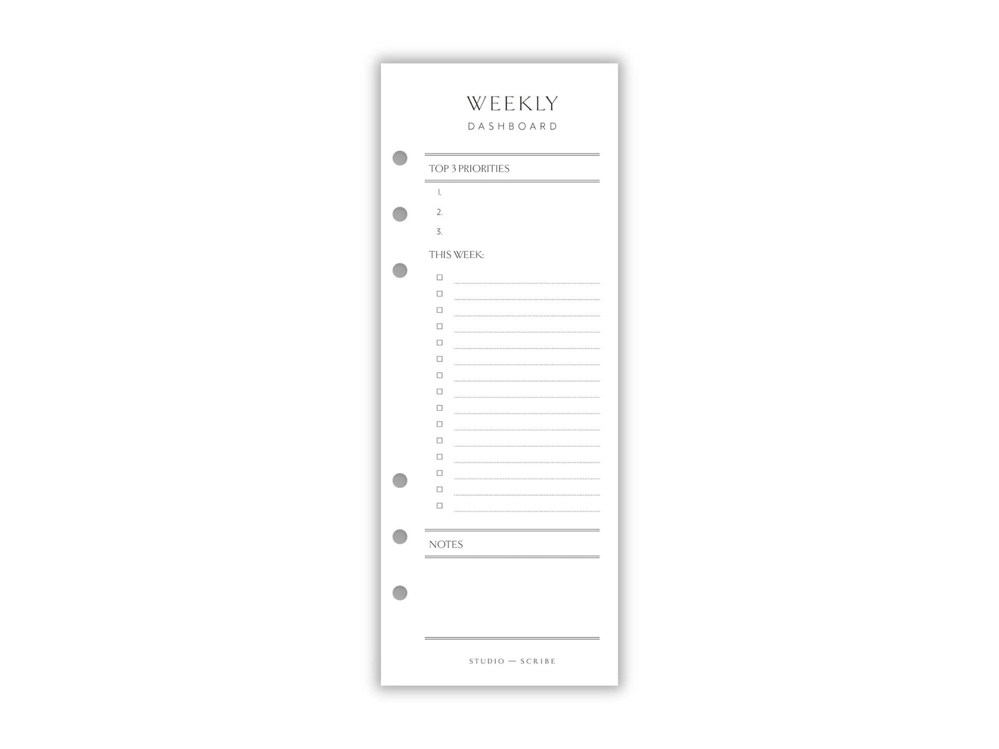 A printed slimline weekly dashboard overlay page with sections for priorities, tasks, reminders, and notes.