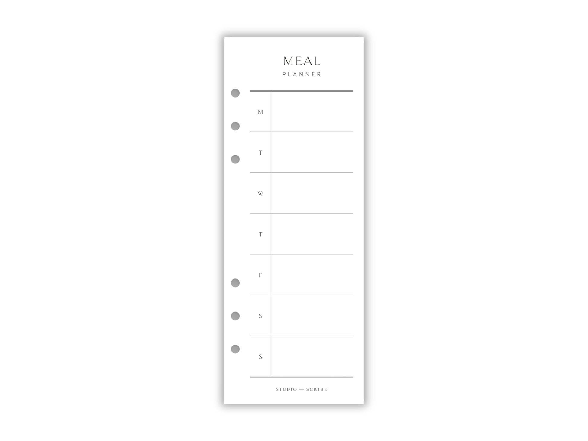 Cutout image of slimline meal planner page for use in personal organisers