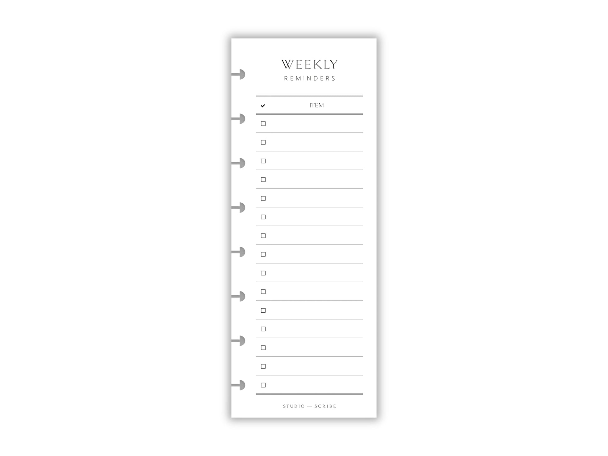 A printed slimline weekly reminders overlay page designed for A5 planners, with a simple list format for weekly tasks.