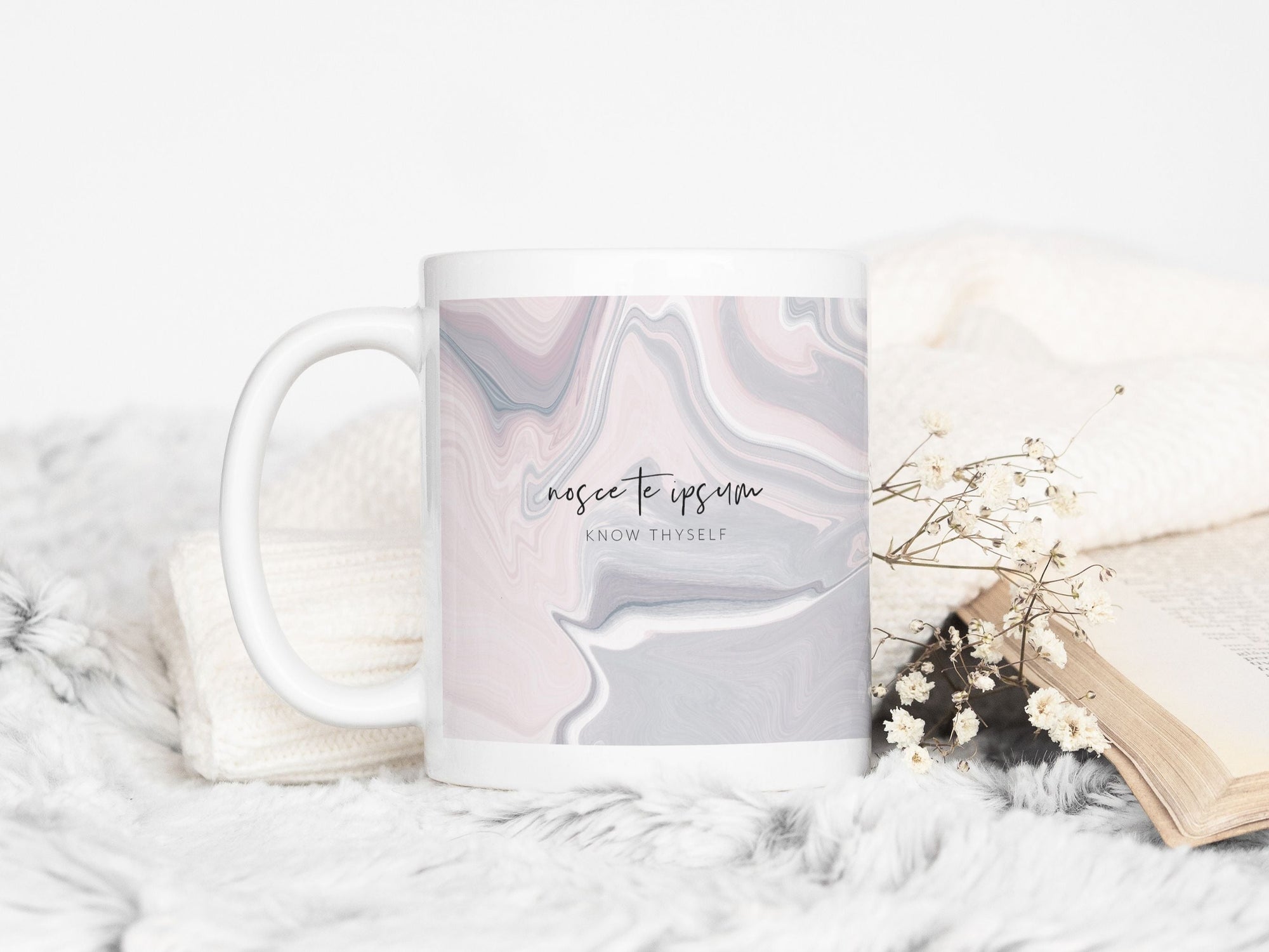 Ceramic Latin Mug | Marble Abstract Design | Pink & Grey | Know Thyself