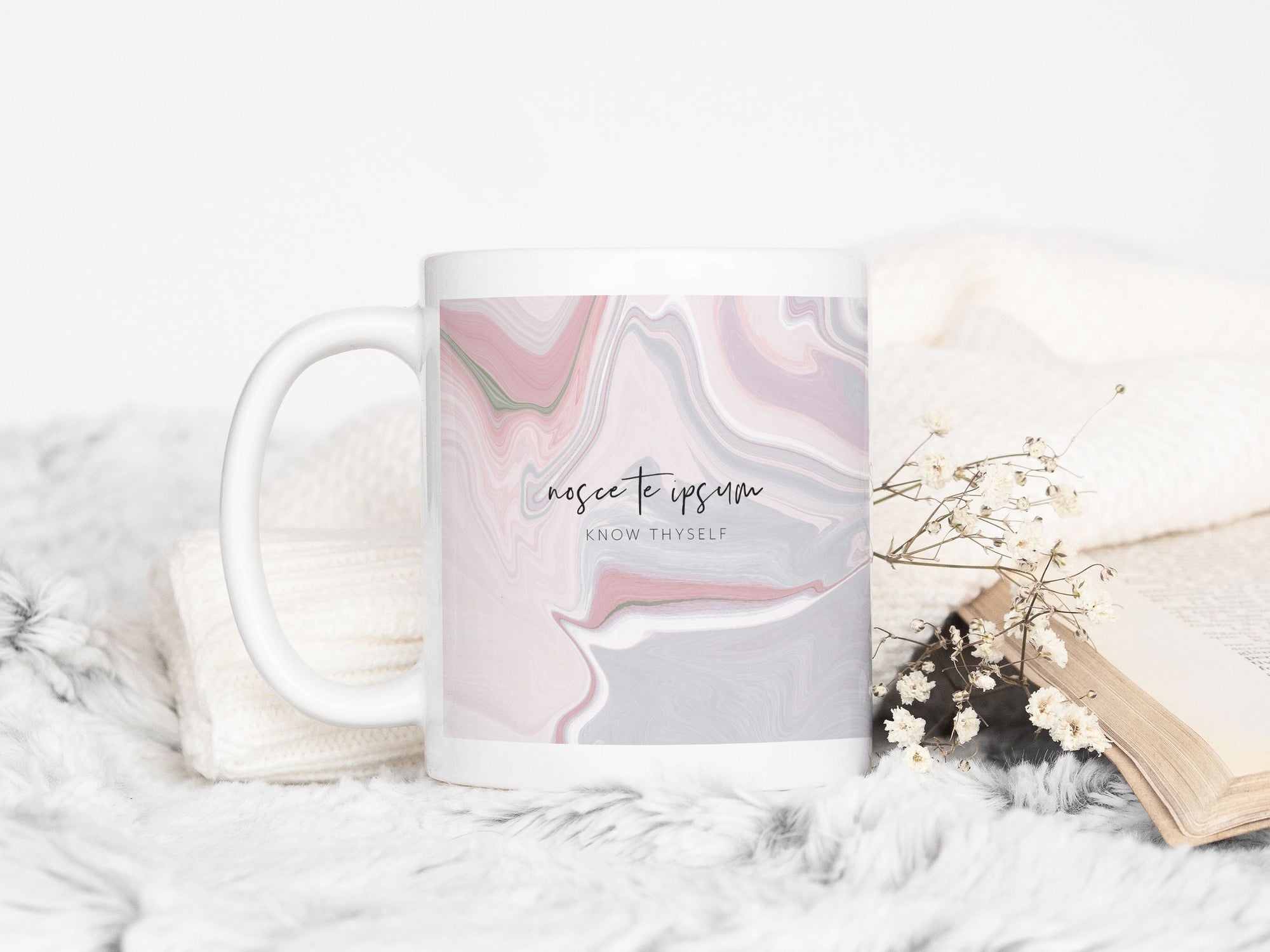 Ceramic Latin Mug | Marble Abstract Design | Pink | Know Thyself