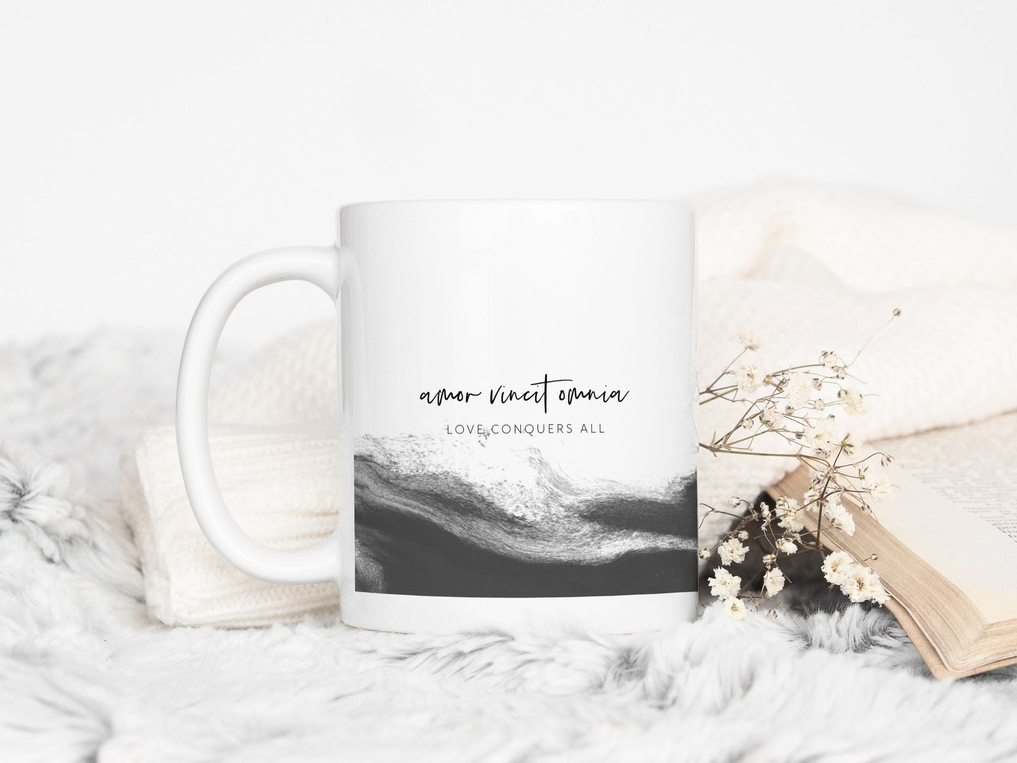 Ceramic Latin Mug | Ocean Abstract Design | Black | Love Conquers All