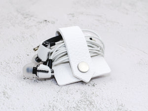 Earphones Cord Organiser Wrap | Cable Tidy | White Pebbled Grain Faux Leather