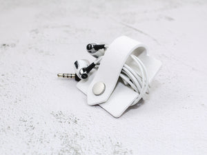 Earphones Cord Organiser Wrap | Cable Tidy | White Textured Faux Leather