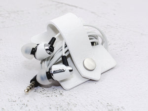 Earphones Cord Organiser Wrap | Cable Tidy | White Textured Faux Leather