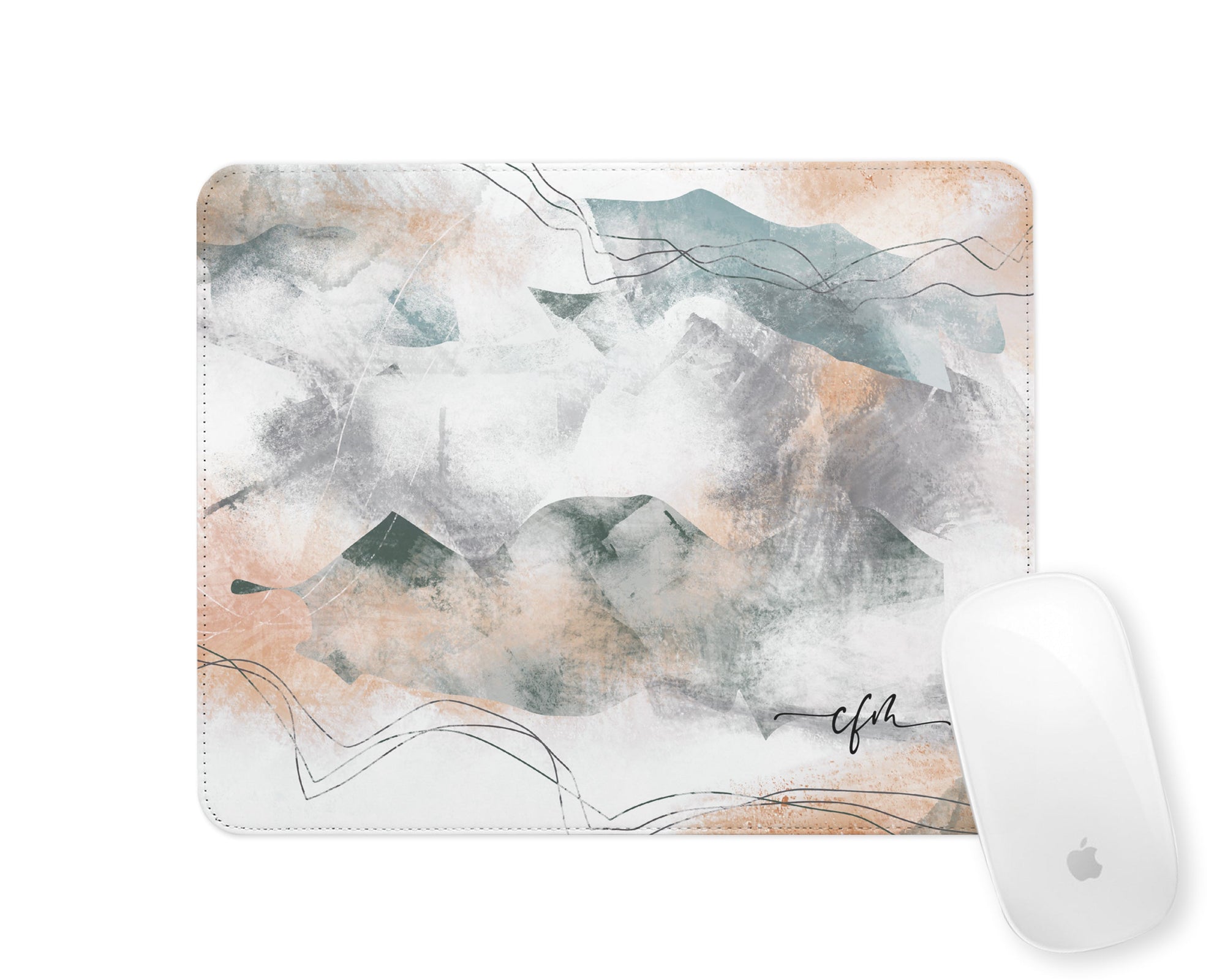 Personalised Mouse Mat | Mountains Abstract | Script Initials | Amber & Green