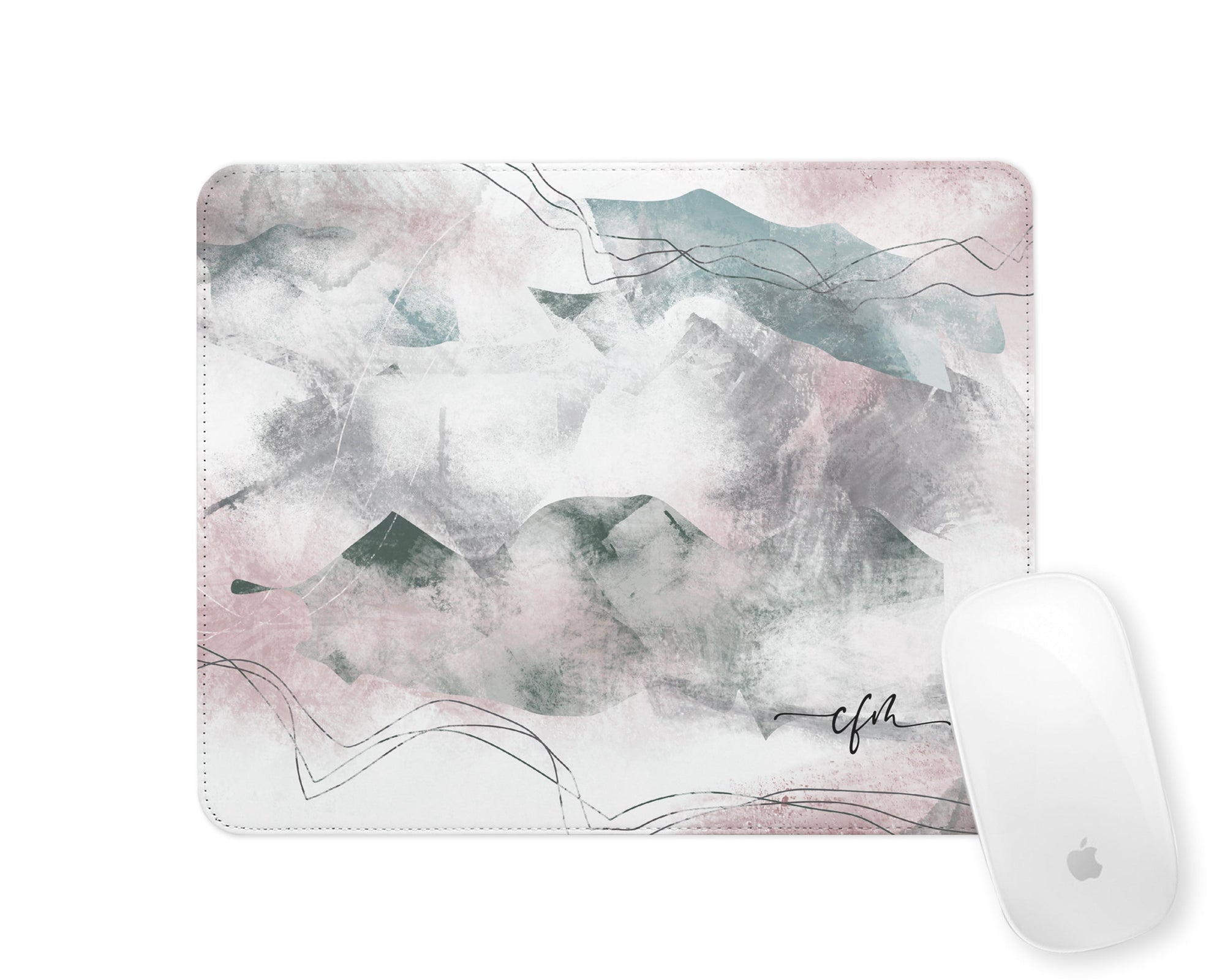 Personalised Mouse Mat | Mountains Abstract | Script Initials | Pink & Green
