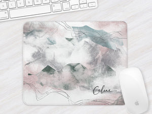 Personalised Mouse Mat | Mountains Abstract | Script Name | Pink & Green