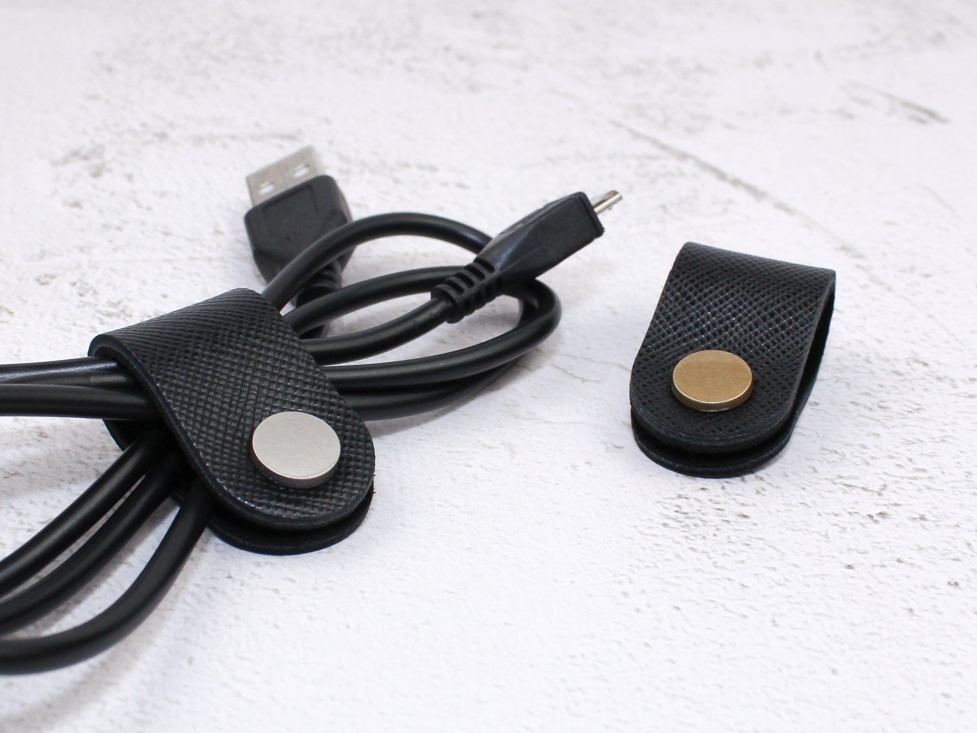 Set of 2 Cord Organiser Wraps | Cable Tidies | Black Saffiano Leather with Suede