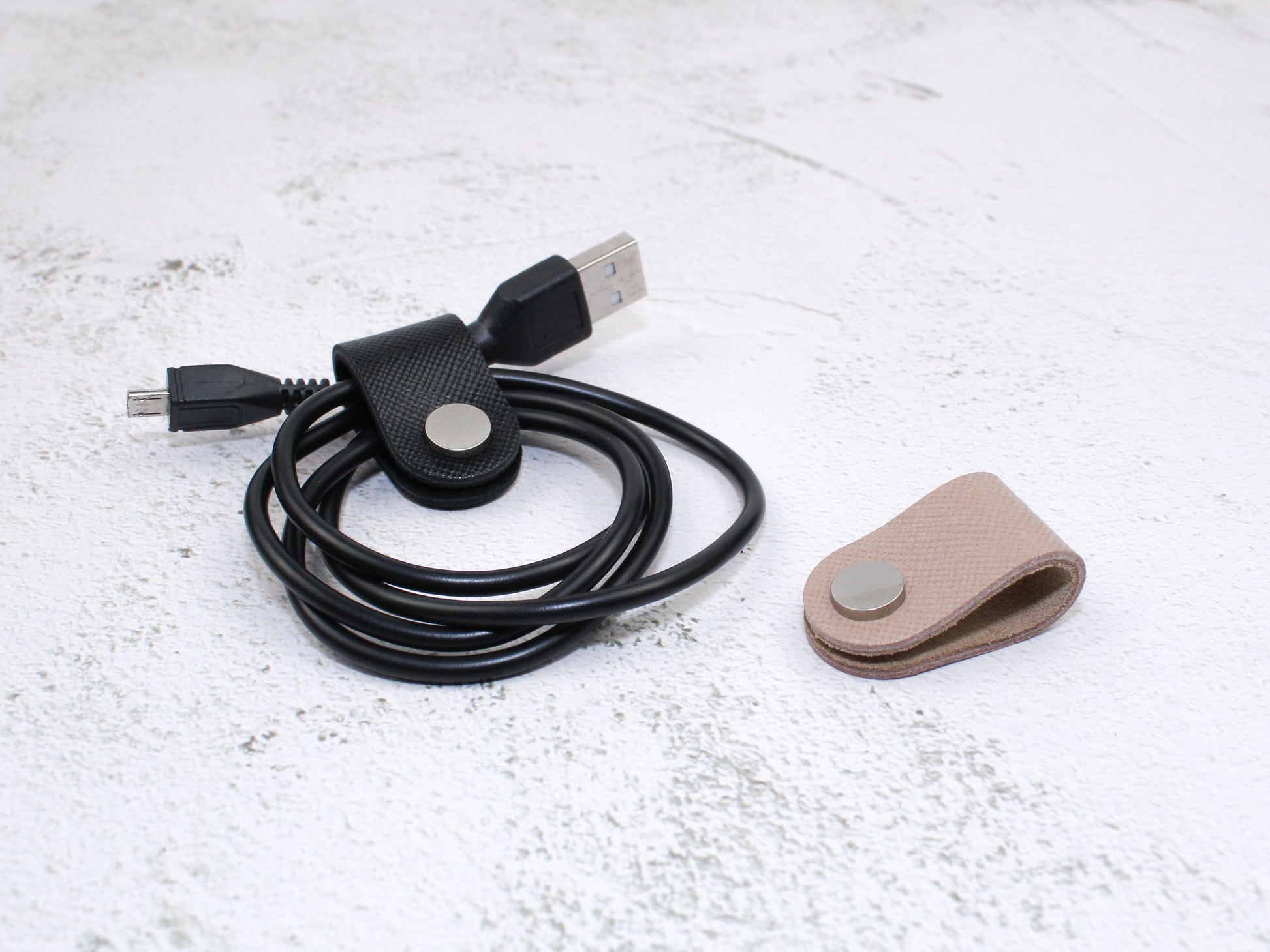 Set of 2 Cord Organiser Wraps | Cable Tidies | Nude & Black Saffiano Leather with Suede
