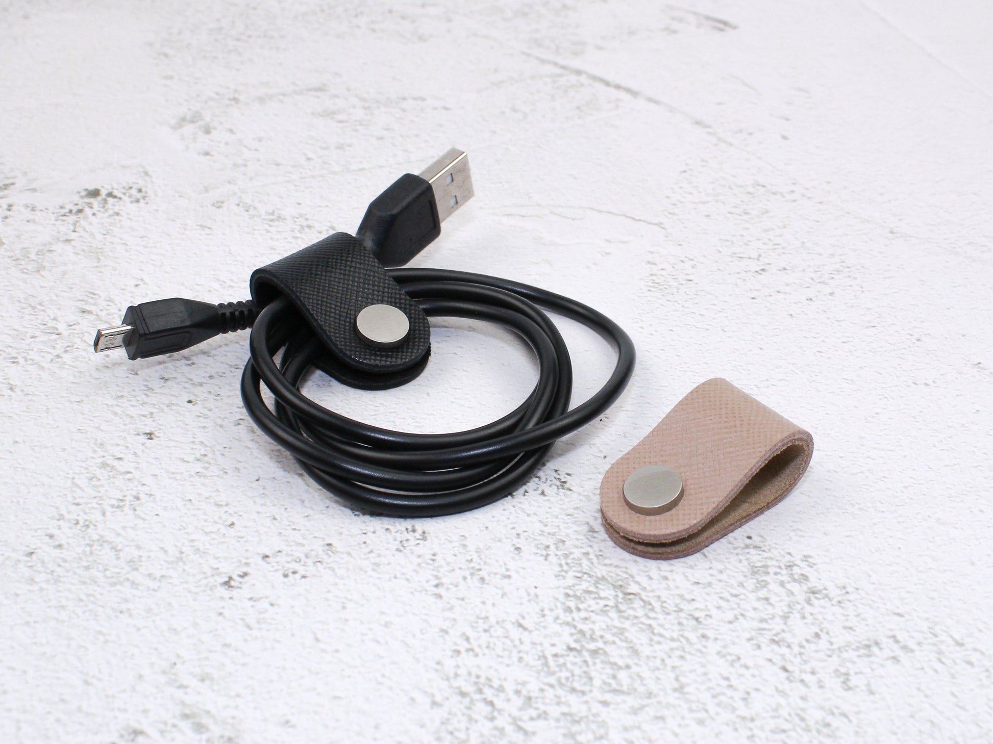 Set of 2 Cord Organiser Wraps | Cable Tidies | Nude & Black Saffiano Leather with Suede