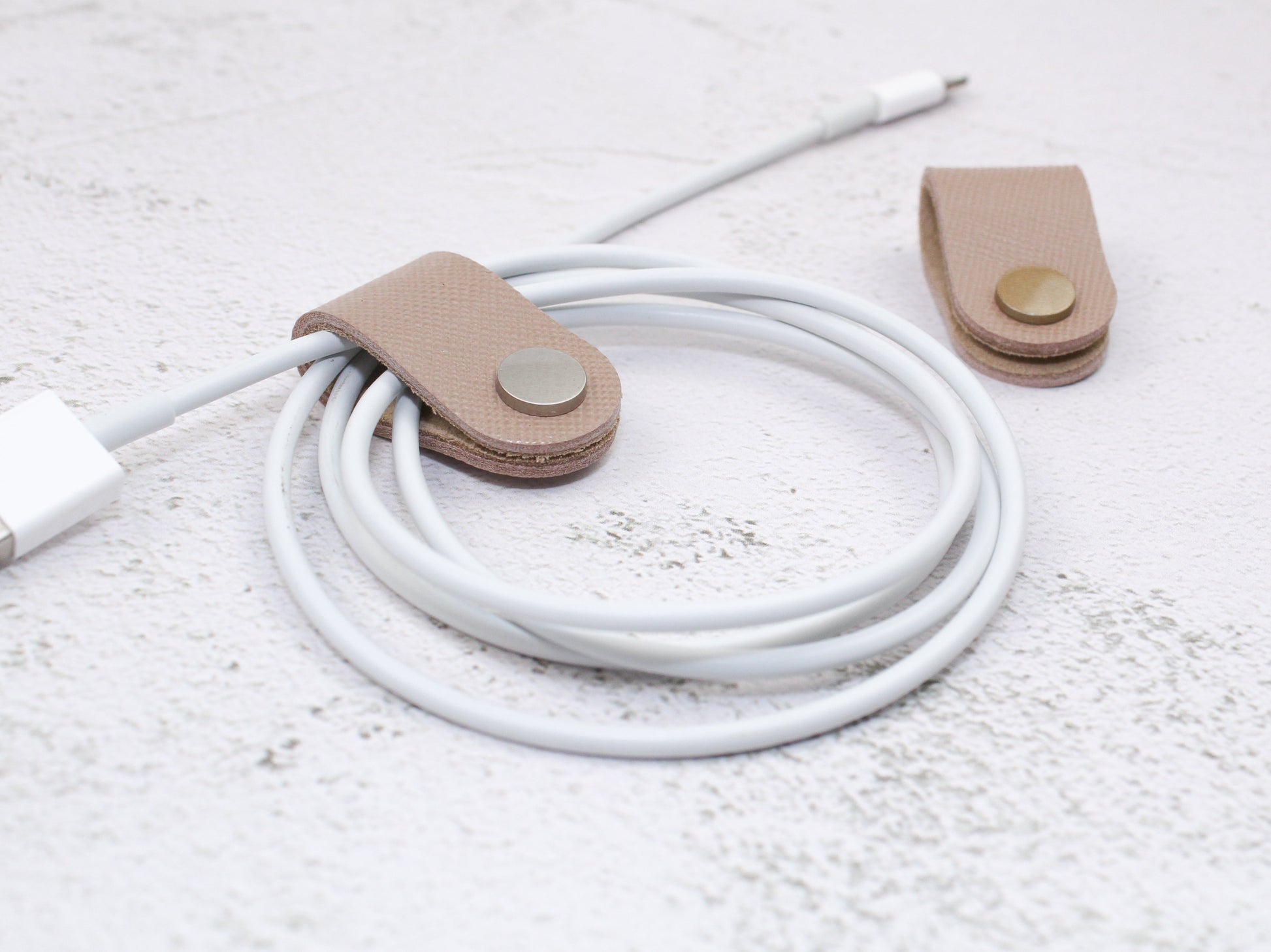 Set of 2 Cord Organiser Wraps | Cable Tidies | Nude Saffiano Leather with Suede