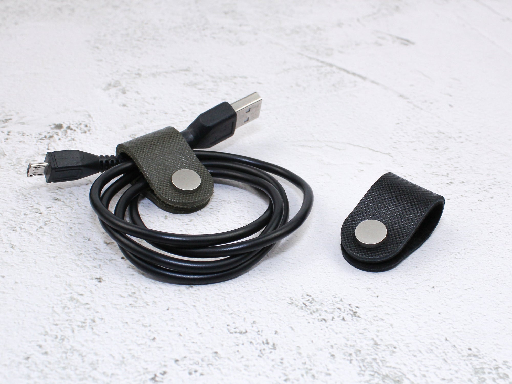 Set of 2 Cord Organiser Wraps | Cable Tidies | Olive & Black Saffiano Leather with Suede