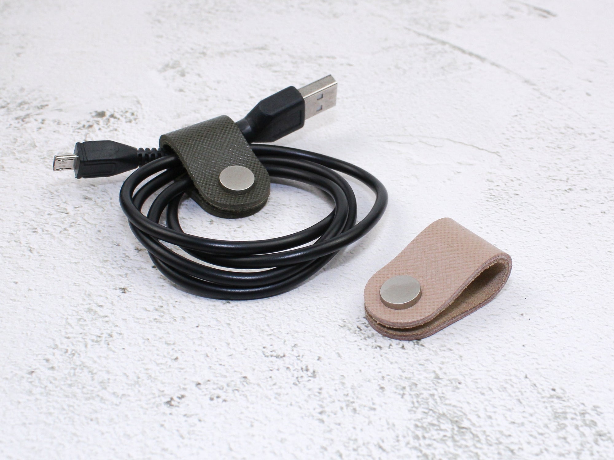 Set of 2 Cord Organiser Wraps | Cable Tidies | Olive & Nude Saffiano Leather with Suede