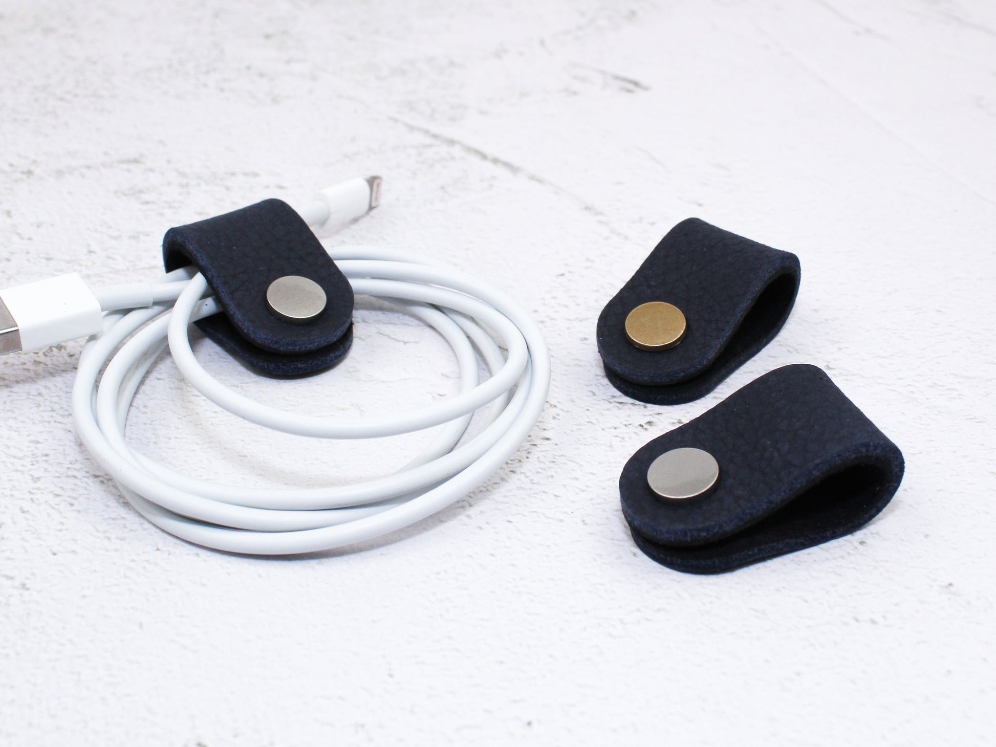 Set of 3 Cord Organiser Wraps | Cable Tidies | Navy Full Grain Leather with Suede