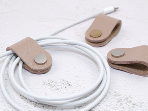 Set of 3 Cord Organiser Wraps | Cable Tidies | Nude Saffiano Leather with Suede