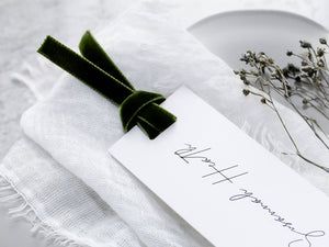 Style A | Personalised Place Cards with Moss Velvet Ribbon | White