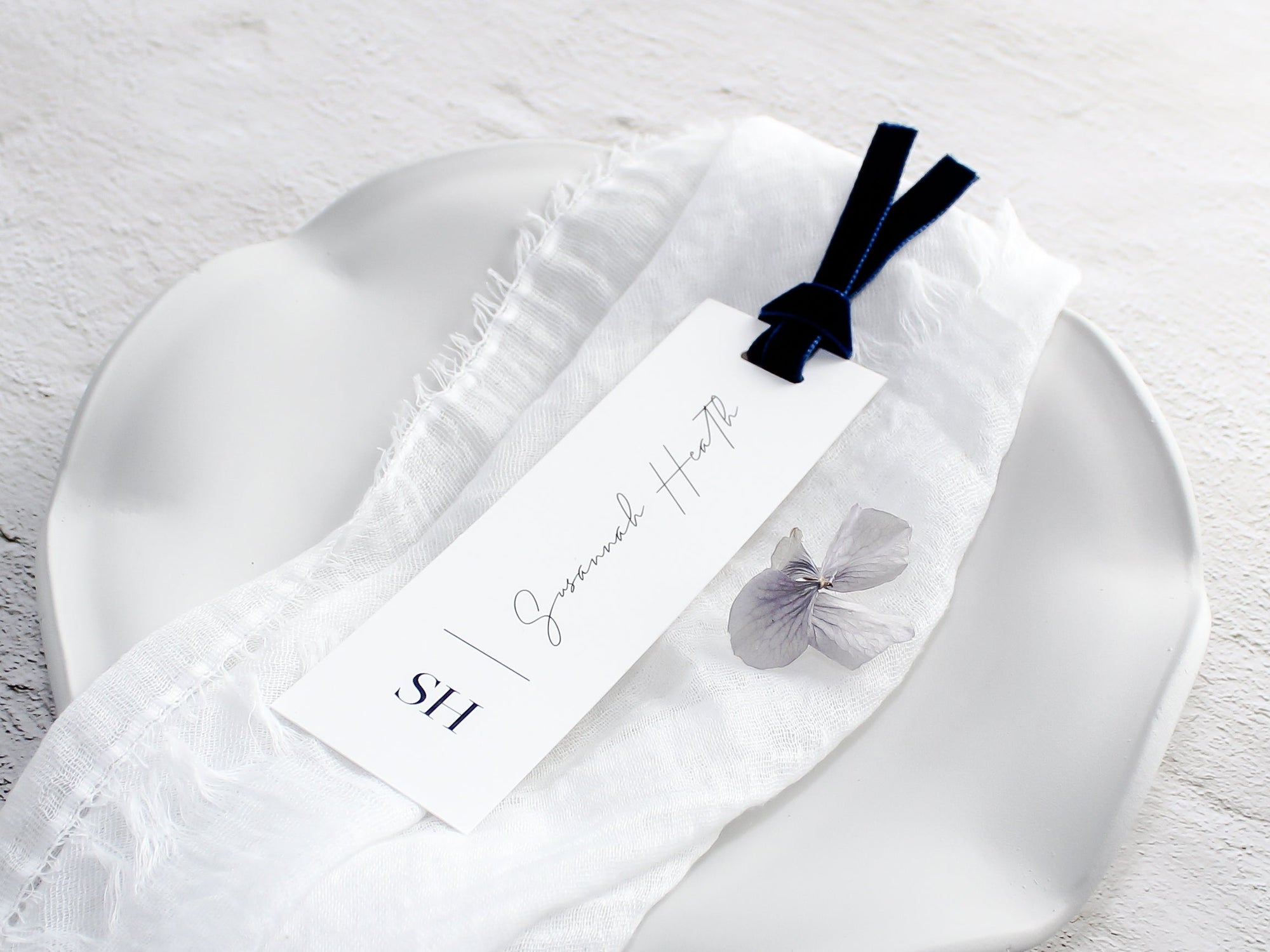 Style A | Personalised Place Cards with Navy Velvet Ribbon | White
