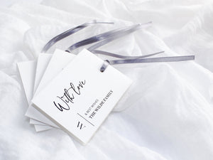 Style A | Set of 4 Mixed Personalised Gift Tags with Steel Grey Satin Ribbon | White