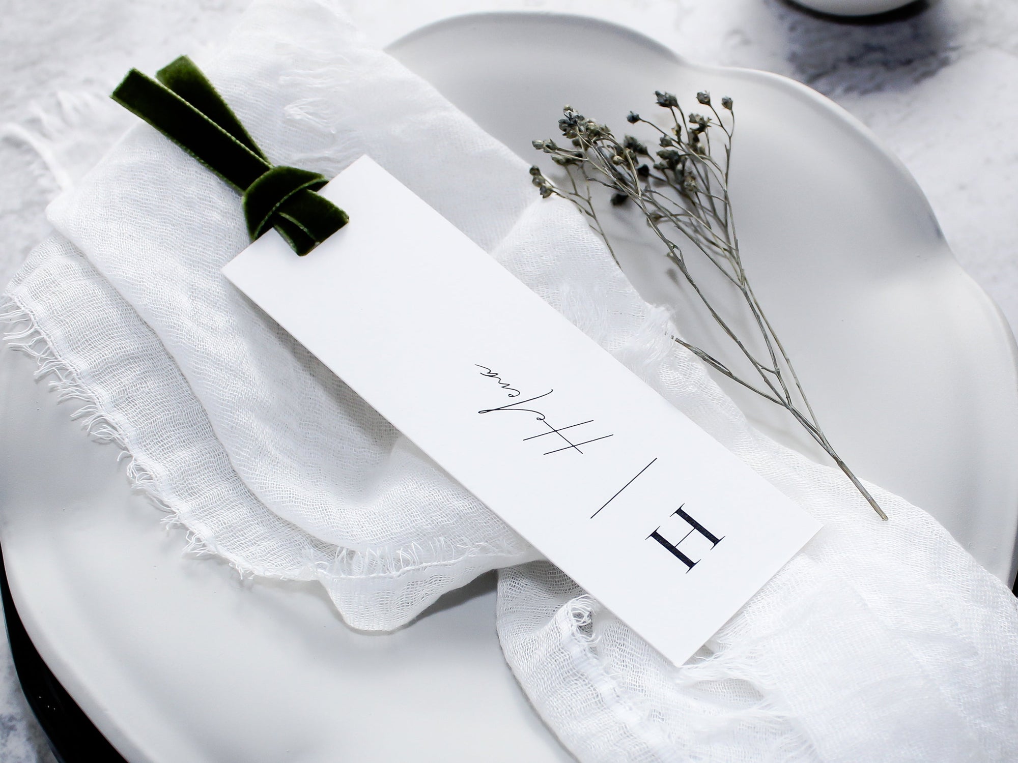 Style C | Personalised Place Cards with Moss Velvet Ribbon | White