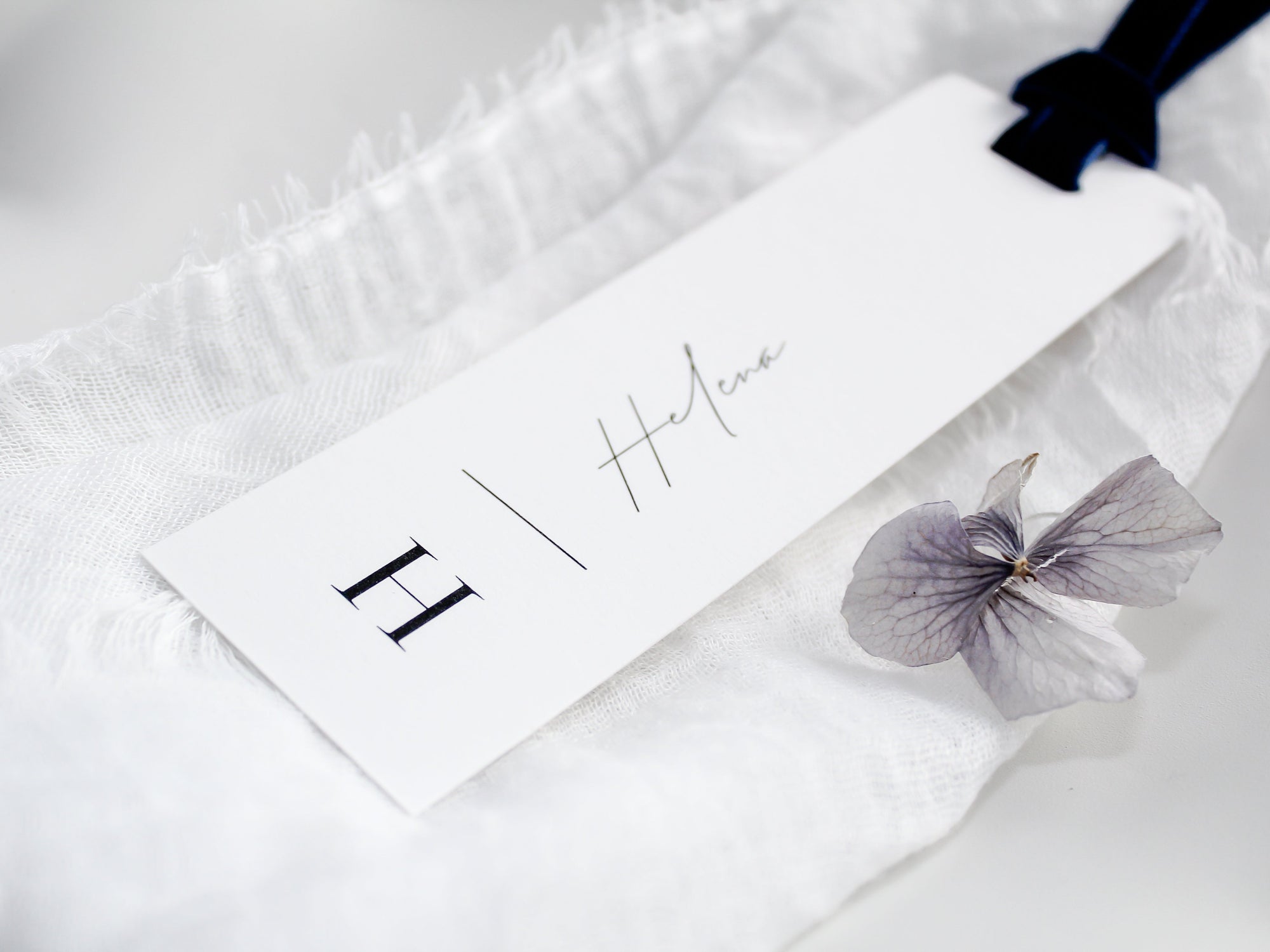 Style C | Personalised Place Cards with Navy Velvet Ribbon | White